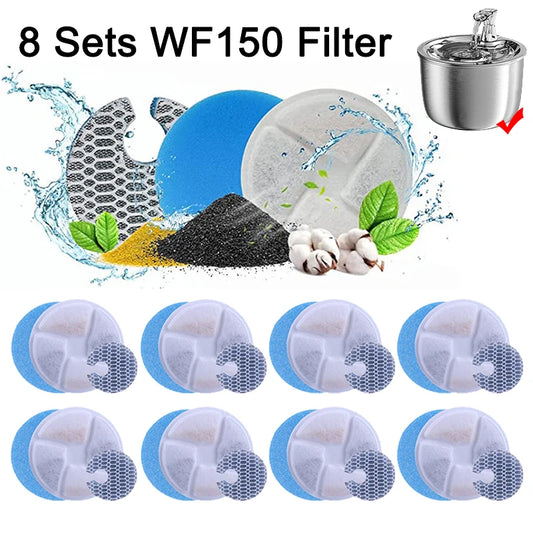 8-Pack WF150 Cat Water Fountain Replacement Filters - Compatible with Stainless Steel Automatic Pet Feeder - Fresh Water Filter