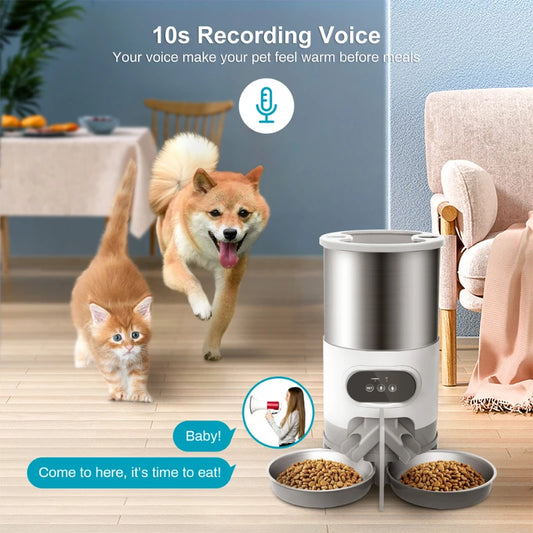 Smart Pet Feeder with Stainless Steel Double Bowls – Automatic Dispenser for Cats and Dogs with Recording and Timing Feeding"